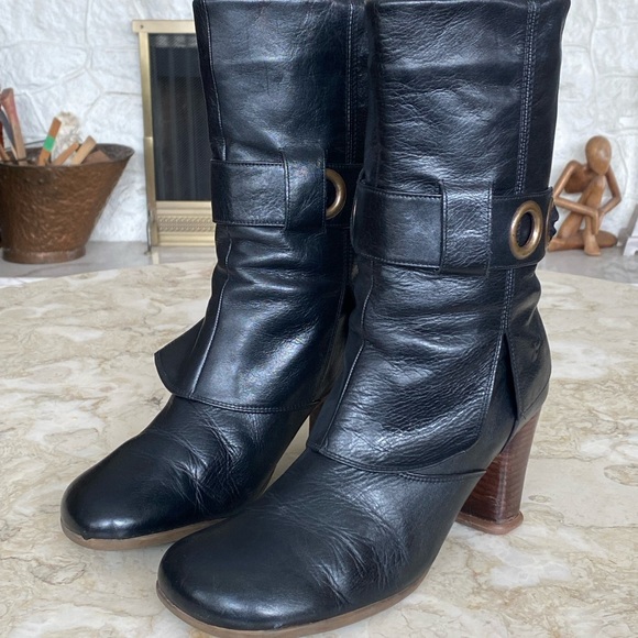 John Fluevog Soprano Inge Black Leather Boots Heels - Picture 11 of 13